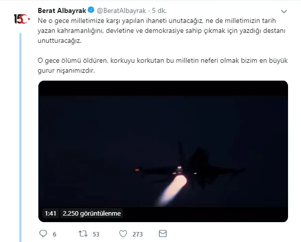 Hazine ve Maliye Bakanı Berat Albayrak'tan 15 Temmuz mesajı-1