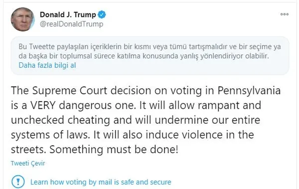 Twitter'dan Trump'ın Pennsylvania'daki seçimlerle ilgili paylaşımına "tartışmalı bilgi" etiketi-1