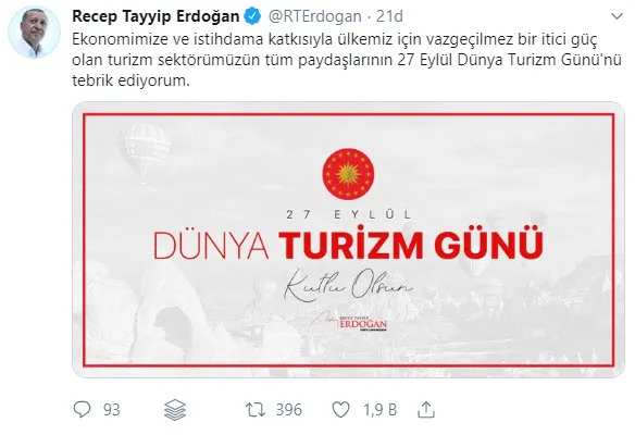 Başkan Erdoğan, Dünya Turizm Günü'nü kutladı-1