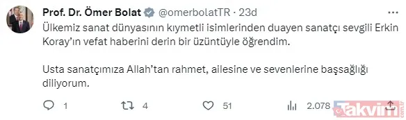 Ticaret Bakanı Ömer Bolat: Ülkemiz Sanat Dünyasının Kıymetli İsimlerinden Duayen Sanatçı Sevgili Erkin Koray'ın Vefat Haberini Derin Bir Üzüntüyle Öğrendim...
