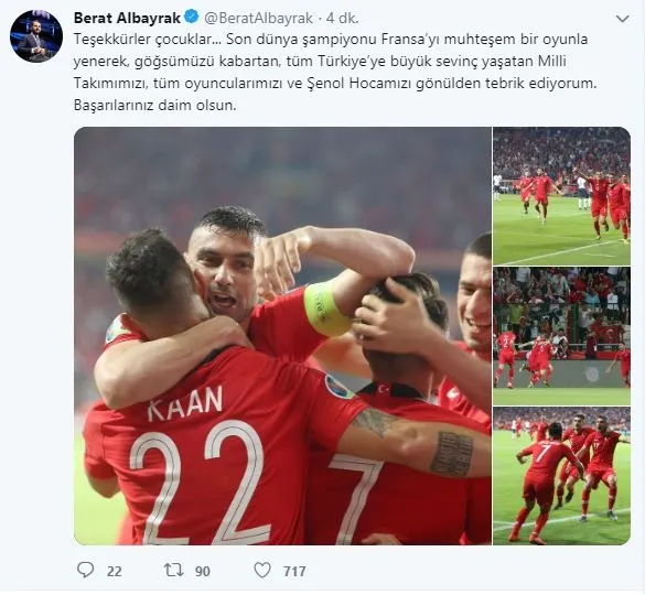 Hazine ve Maliye Bakanı Berat Albayrak’tan tarih yazan Millilere tebrik