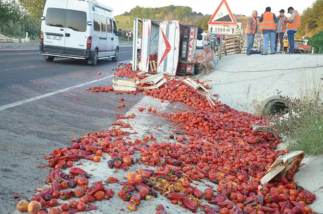 Kamyonet devrildi! Tonlarca domates yola saçıldı
