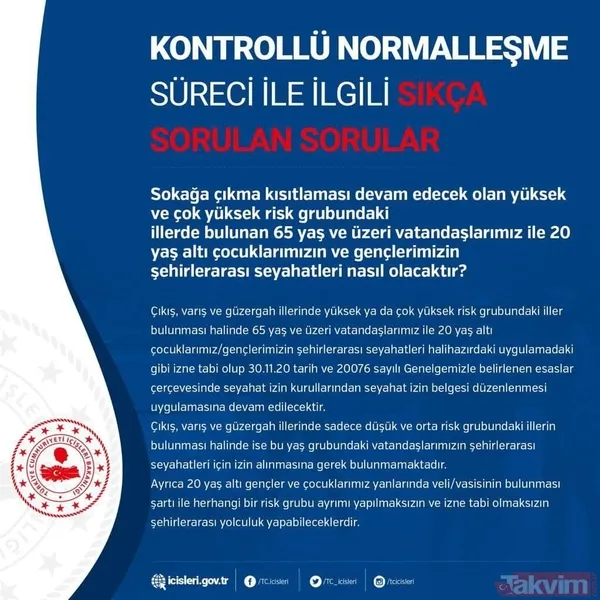Sokağa çıkma kısıtlaması devam edecek olan yüksek ve çok yüksek risk grubundaki illerde bulunan 65 yaş ve üzeri vatandaşlarımız ile 20 yaş altı...
