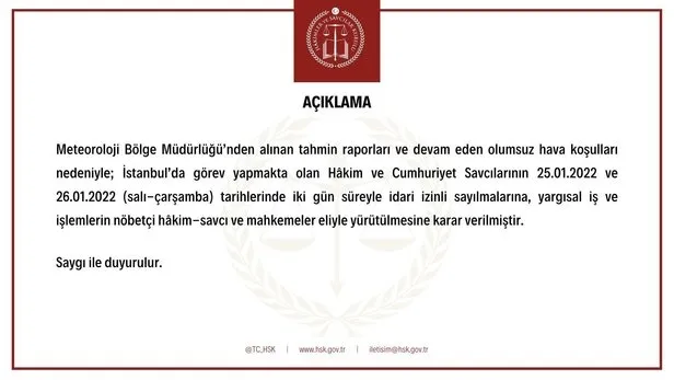 27 Ocak adliyeler açık mı kapalı mı? Adliyeler bugün tatil mi? Hakimler, savcılar idari izinli mi? Mahkemeler yapılıyor mu?-2