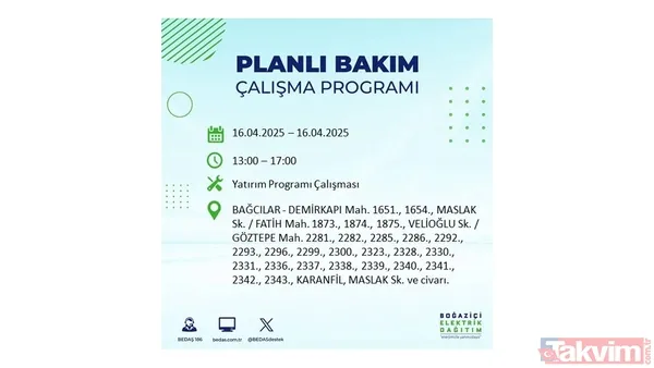 16 Nisan 2025 Bedaş İstanbul Elektrik Kesintisi