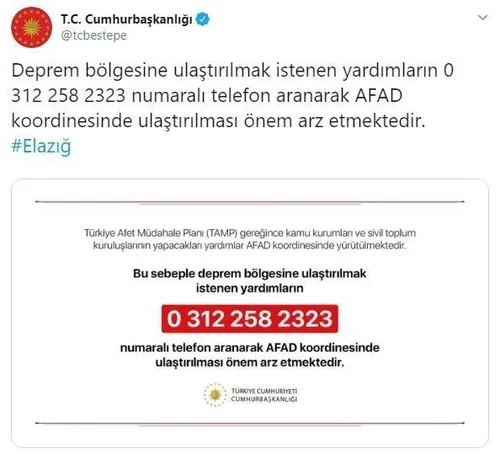 Son dakika: Cumhurbaşkanlığı Elazığ depremi sonrası bu numarayı paylaştı-1