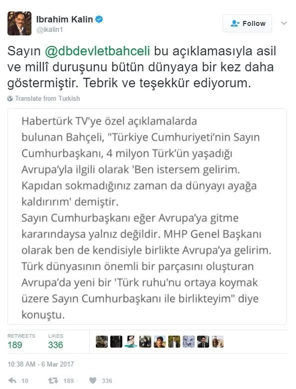 Ibrahim Kalin Dan Bahceli Ye Tesekkur Mesaji Takvim