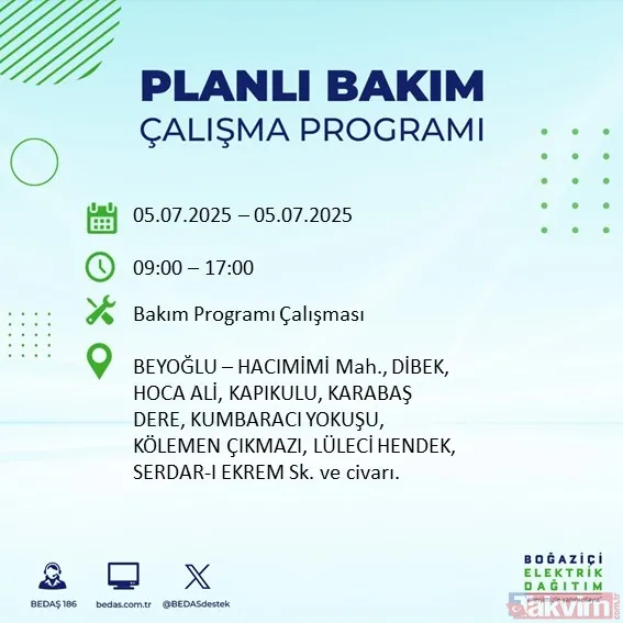 ↪5 Temmuz Cumartesi İstanbul Elektrik Kesintisi