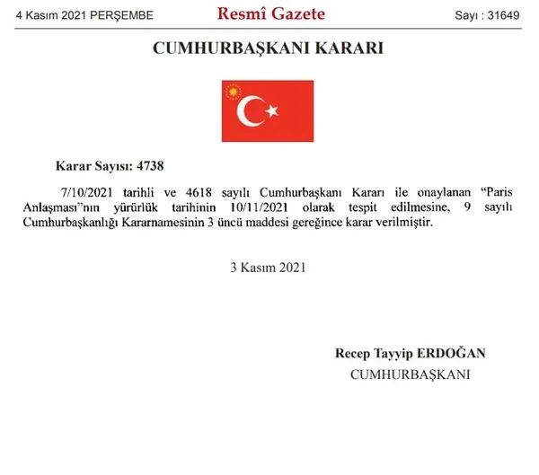 Son dakika: Resmi Gazete'de yayımlandı! Paris Anlaşması'nın yürürlük tarihi 10 Kasım olarak belirlendi-1