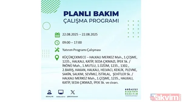İstanbul'da 19 ilçede elektrik kesintisi! BEDAŞ İLÇE İLÇE listeledi: 22 Ağustos Cuma günü 8 saat yok - 8