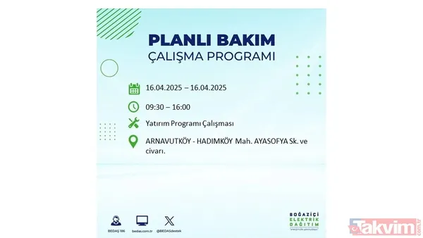 16 Nisan 2025 Bedaş İstanbul Elektrik Kesintisi