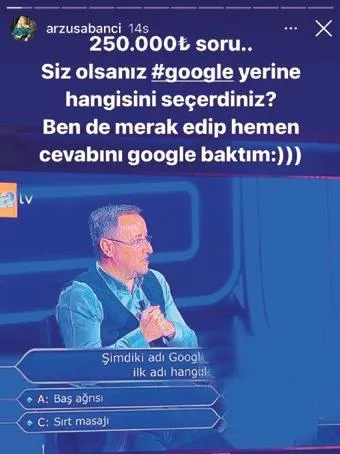 yarisma-arzusu-arzu-sabanci-kim-milyoner-olmak-1606686248296.jpeg Arzu Sabancı, Kim Milyoner Olmak İster? yarışmasındaki bir soruyu takipçileriyle paylaştı-2