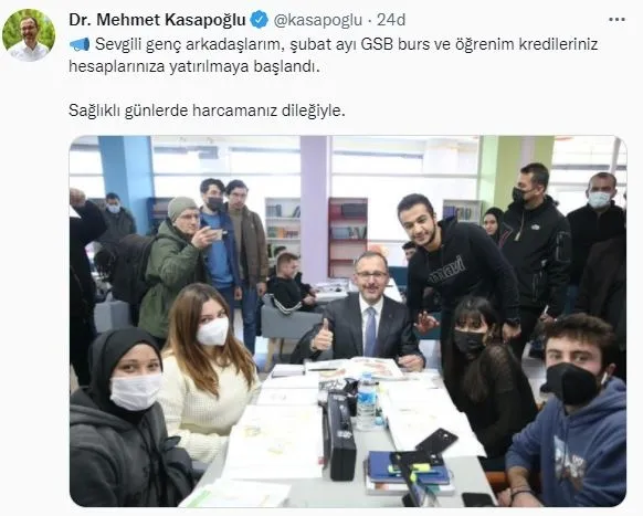 Son dakika: Bakan Kasapoğlu duyurdu: Şubat ayı burs ve kredi ödemeleri başladı-1