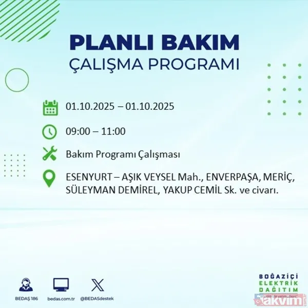 🔴1 Ekim 2025 İstanbul'da Elektrik Kesintisi Yaşanacak İlçeler