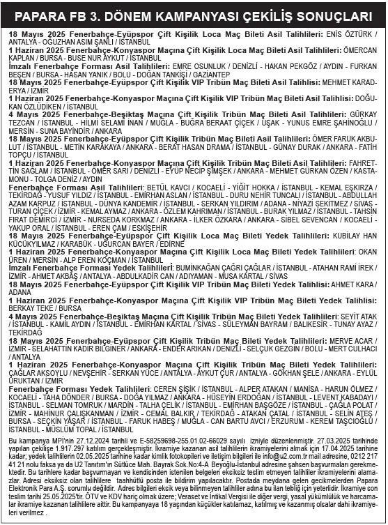 Papara FB 3. Dönem Kampanyası çekiliş sonuçları açıklandı. (Takvim Gazetesi ekran görüntüsü)