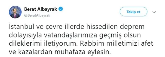 Bakan Berat Albayrak'tan İstanbul depremine ilişkin açıklama: Rabbim milletimizi afet ve kazalardan muhafaza eylesin-1
