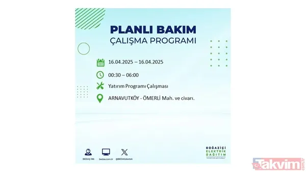 16 Nisan 2025 Bedaş İstanbul Elektrik Kesintisi