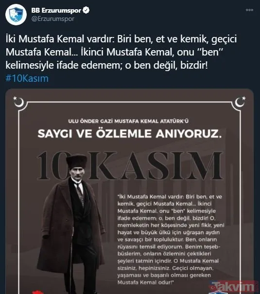 Spor camiası 10 Kasım'da tek ses oldu, Mustafa Kemal Atatürk'ü andı! İşte paylaşımlar