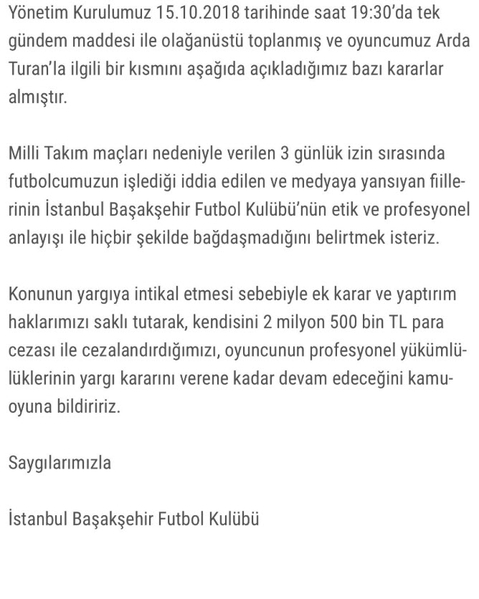 Son dakika: Başakşehir'den Arda Turan'a para cezası-1