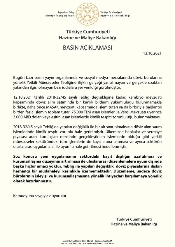 Son dakika: Hazine ve Maliye Bakanlığı'ndan döviz ve döviz bürosu açıklaması-2