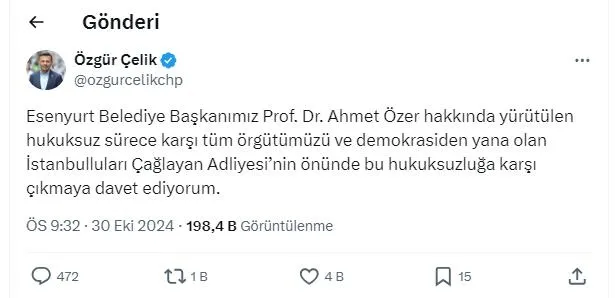 CHP İstanbul İl Başkanı Özgür Çelik'in paylaşımı (Takvim.com.tr / Ekran görüntüsü)