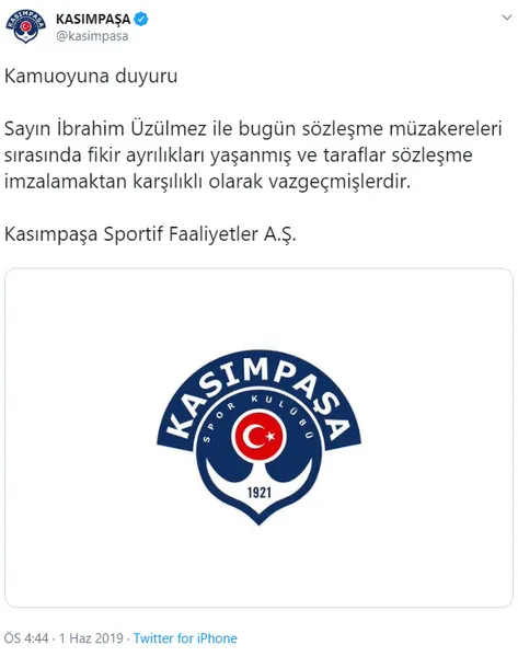 Son dakika haberi: Kasımpaşa saatler önce imza atan İbrahim Üzülmez ile yollarını ayırdı-1