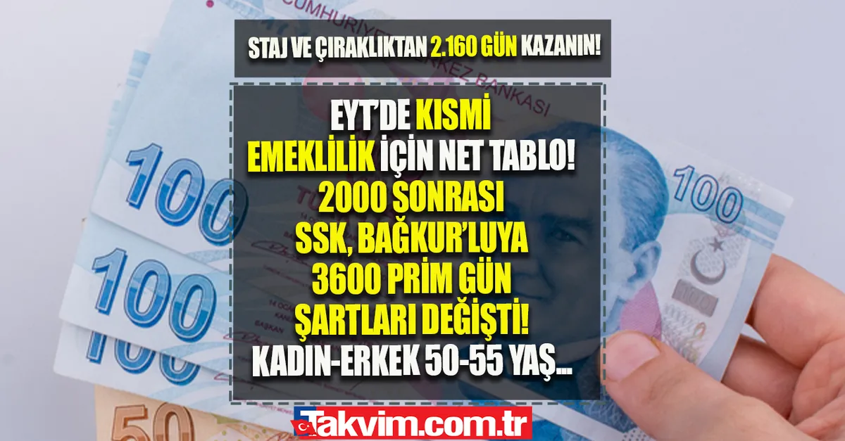 EYT’de kısmi emeklilik için net tablo: 2000 sonrası SSK, Bağkur’luya 3600 prim gün şartları değişti! Staj ve çıraklık sigortasıyla 2.160 gün kazanma şansı! Kadın 50, erkeklerde 55...