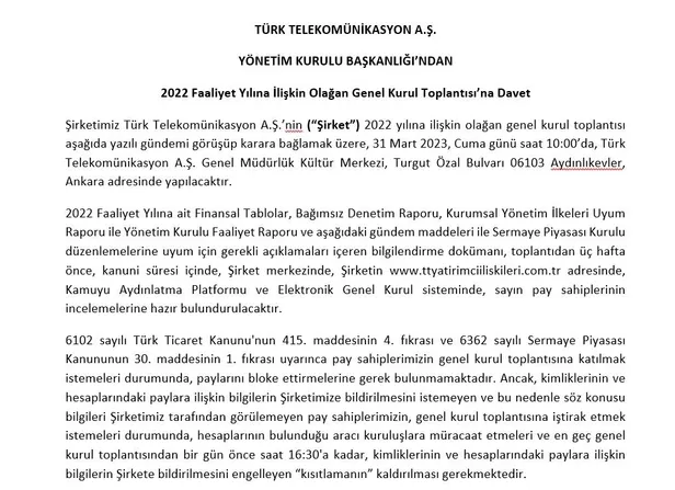 Türk Telekomünikasyon A.Ş. Yönetim Kurulu Başkanlığı’ndan 2022 Faaliyet Yılına İlişkin Olağan Genel Kurul Toplantısı’na Davet-1