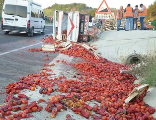 Kamyonet devrildi! Tonlarca domates yola saçıldı