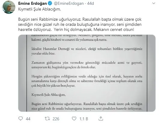 Emine Erdoğan, Şule Yüksel Şenler için mesaj yayınladı-1