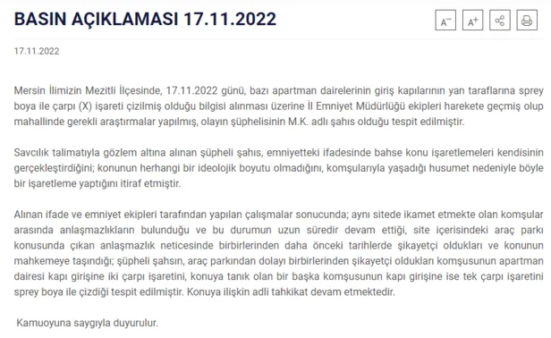 Mersin Valiliğinden 2 evin kapısının işaretlenmesine ilişkin flaş açıklama