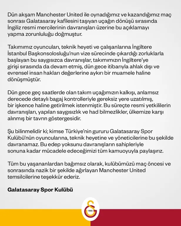 Terör paçavrası sonrası ikinci skandal! Galatasaray Kulübünden İngiliz makamlarına tepki: Vizede zorluk havalimanında işkence!-2