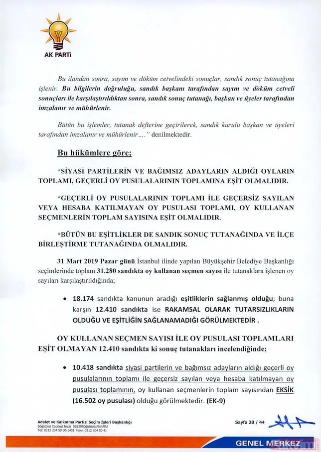 İÅte  AK Parti İstanbul seçimlenin iptali için YSK'ya verdiÄi 44 sayfalık olaÄanüstü itiraz dilekçesi