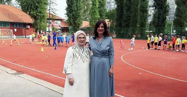 Emine Erdoğan, Zagreb’de spor projesi yürütülen Matija Gubec İlkokulunu ziyaret etti
