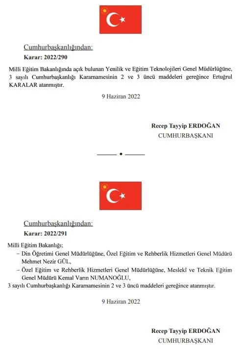 Başkan Recep Tayyip Erdoğan'ın imzasıyla yayımlanan Resmi Gazete'de atama kararları yer aldı-2