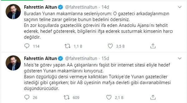 Son dakika: İletişim Başkanı Fahrettin Altun'dan Yunanistan'a sert mesaj: Saçlarının teline zarar gelirse bedelini ödersiniz-1