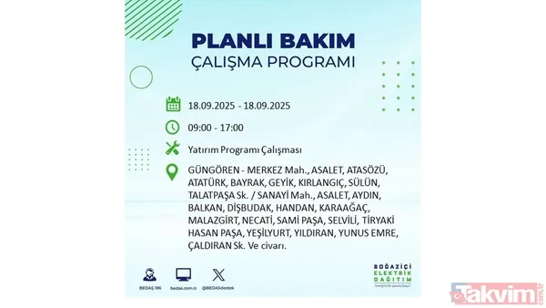 🔴18 Eylül Perşembe Günü Elektrik Kesintisi Yaşanacak İlçeler