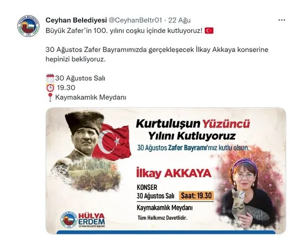 CHP'li Ceyhan Belediyesi'nden 30 Ağustos kutlamaları için skandal karar! PKK destekçisi İlkay Akkaya konser verecek!-2