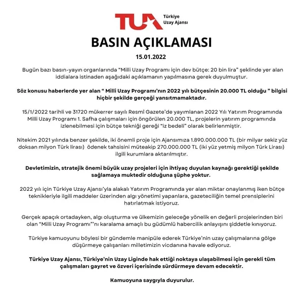 turkiye-uzay-ajansindan-sozcunun-milli-uzay-programi-icin-dev-butce-20-bin-lira-haberine-yalanlama-1642268561524.jpeg Türkiye Uzay Ajansı'ndan Sözcü'nün 'Milli Uzay Programı için dev bütçe: 20 bin lira!' haberine yalanlama!-3