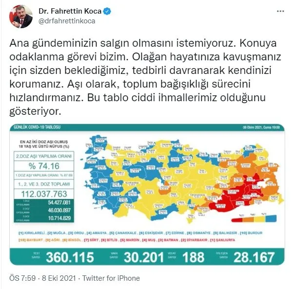 Son dakika: Sağlık Bakanlığı 8 Ekim 2021 koronavirüs vaka, vefat ve aşı tablosunu paylaştı | Kovid-19 güncel durum-2
