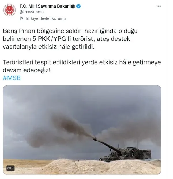 Son dakika: MSB duyurdu! Barış Pınarı bölgesinde saldırı hazırlığındaki 5 PKK/YPG'li terörist etkisiz hale getirildi-1