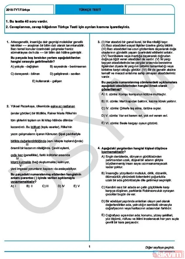 YKS çıkmış sorular ve cevaplar! 2018 YKS çıkmış sorular ve cevap anahtarı - 4