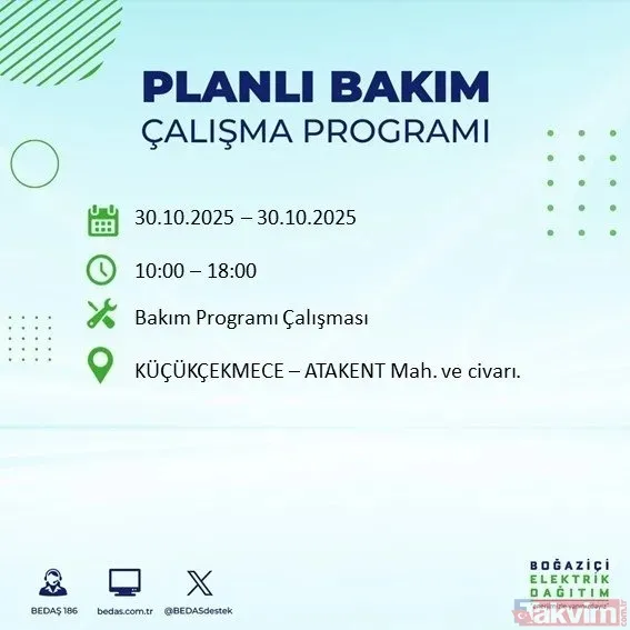 30 Ekim 2025 İstanbul'da elektrik kesintisi yaşanacak ilçeler