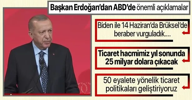 Son dakika: Başkan Erdoğan’dan ABD’de önemli açıklamalar: Türkiye ile ABD arasında ticaret hacmi 25 milyar dolara çıkacak