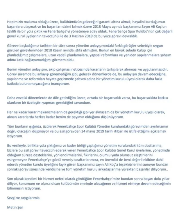 Fenerbahçe Yönetim Kurulu Üyesi Metin Şen istifa etti-1