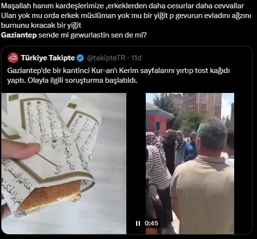 Kantincinin yaptığı tostları Kur'an-ı Kerim sayfalarına sarmasına sosyal medyadan tepki yağdı (Ekran görüntüsü)