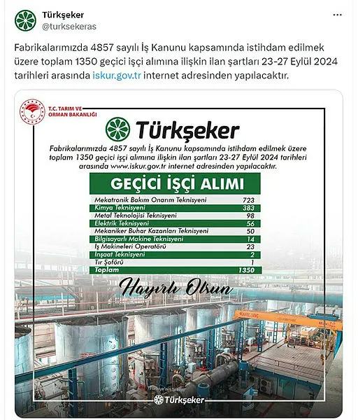 turkseker-isci-alimi-basvuru-ekrani-1350-personel-alimi-sartlari-neler-1727078646284.jpg Türkşeker işçi alımı başvuru ekranı: 1350 personel alımı şartları neler? Branş ve kadrolar!-4