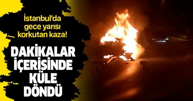 Son dakika: İstanbul Üsküdar’da gece yarısı korkutan kaza: Aydınlatma direğine çarpan otomobil alev alev yandı