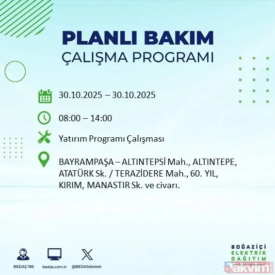 30 Ekim 2025 İstanbul'da elektrik kesintisi yaşanacak ilçeler
