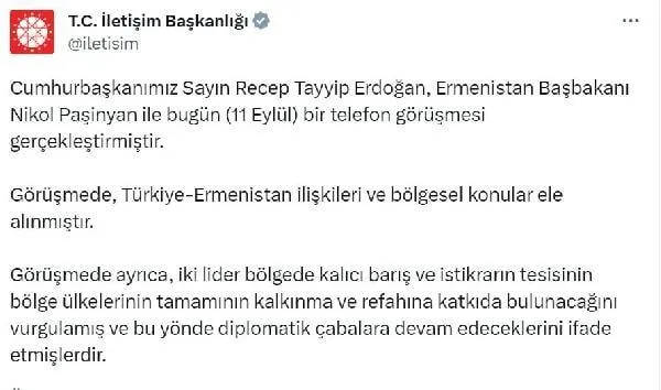 Başkan Recep Tayyip Erdoğan, Ermenistan Başbakanı Paşinyan ile telefonda görüştü-4